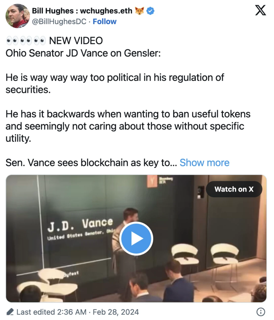 特朗普競選搭檔J.D. Vance：一位更加純粹的加密貨幣支持者